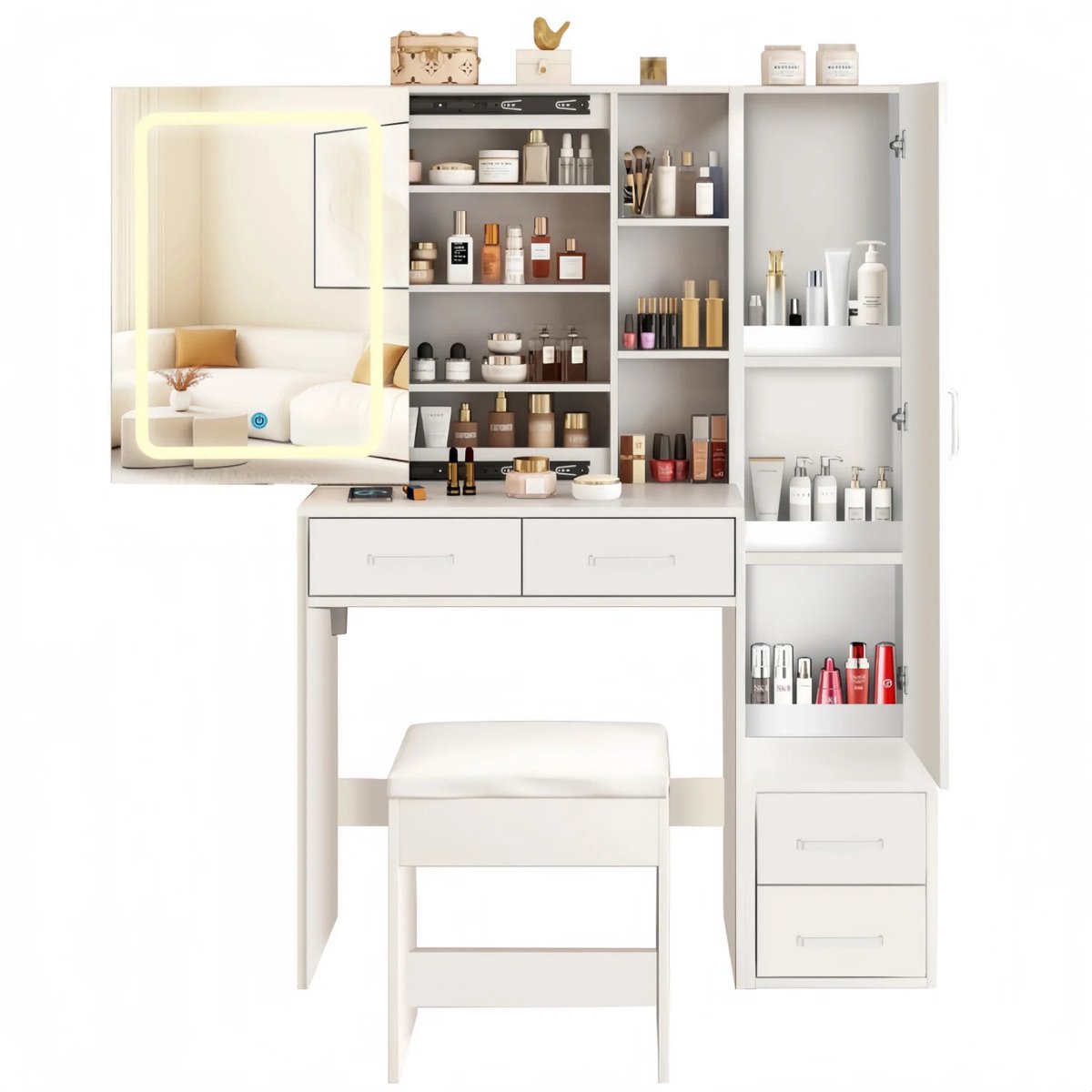 Gudalio Make Up Tafel - Kaptafel - LED spiegel - 3 Lichtkleuren - Inclusief Krukje - Verborgen Opbergruimte - 100x40x142 cm - Wit