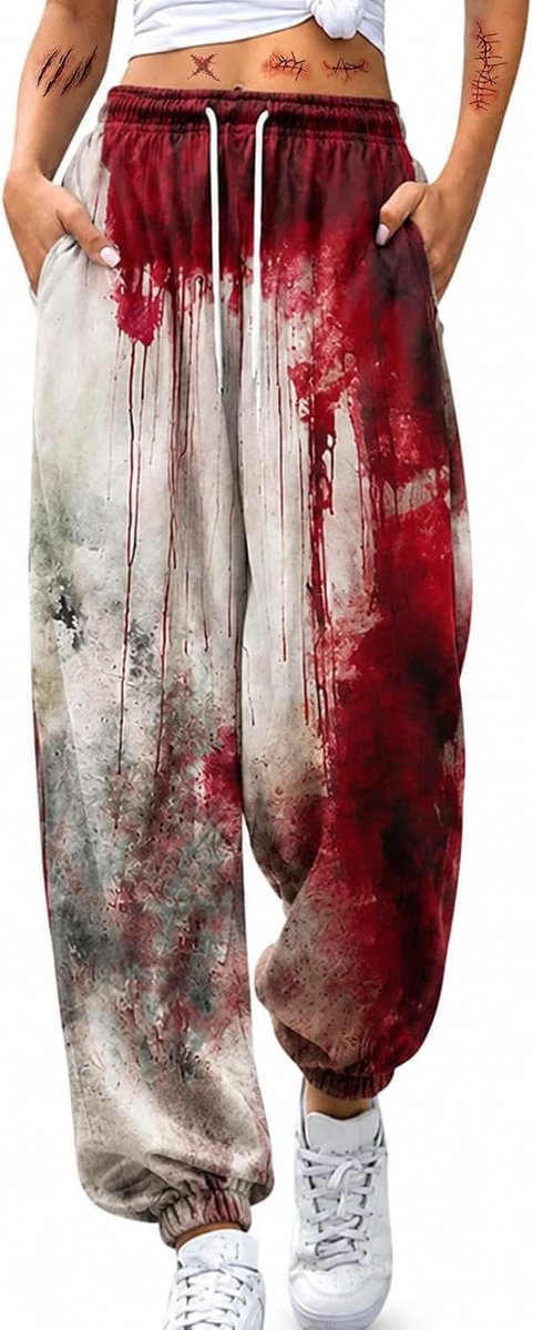 Halloween bloed kostuum voor dames, bloedige joggers, enge cosplay kleding, horror joggingbroek voor griezelige feesten en evenementen