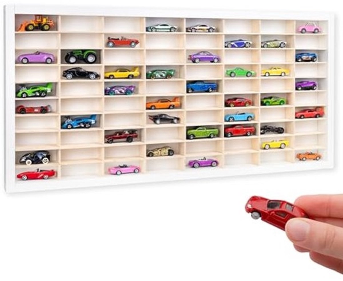 Witte Houten Verzamelkast voor Auto's - 80 Verstelbare Vakken | Wandplank voor Miniaturen | Vitrinekast