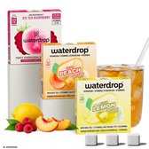 Waterdrop Ice Tea Perzik, Citroen en Framboos met fruit en drankjes.