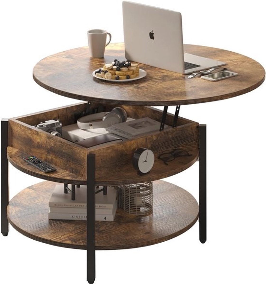 Ronde salontafel met lift en opbergruimte - 68cm boerderij stijl