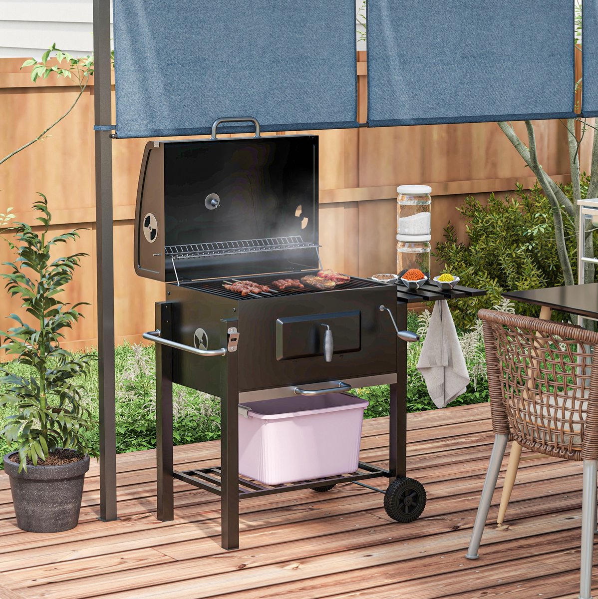 REDOM - Grillwagen Holzkohlegrill - Verstelbaar koolvak en luchtopeningen - Met deksel en warmhouderost - Met zijtafel en opbergvak - Voor tuin en terras - Staal - Zwart - 113 x 65 x 108 cm