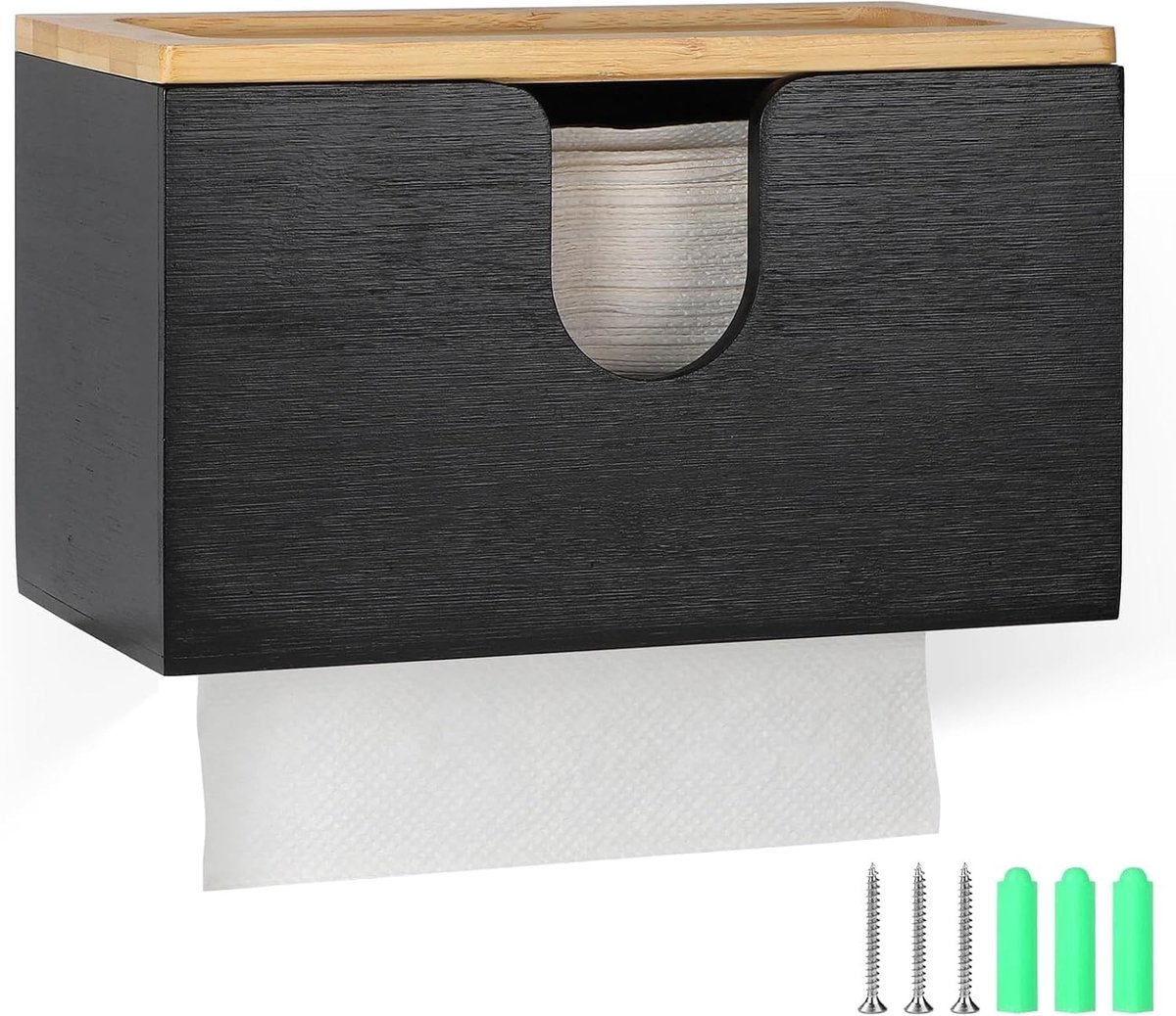 Papieren handdoekdispenser van bamboe met magnetisch deksel - Compact formaat 27,5 x 16 x 13 cm, ideaal voor keuken en badkamer