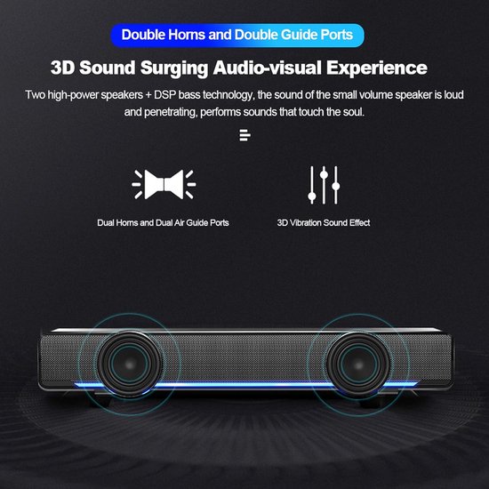 Mini Soundbar - Stereo Luidspreker - Muziek Luisteren - Blauw LED Licht - 32 cm - Zwart van MINI — afbeelding 4