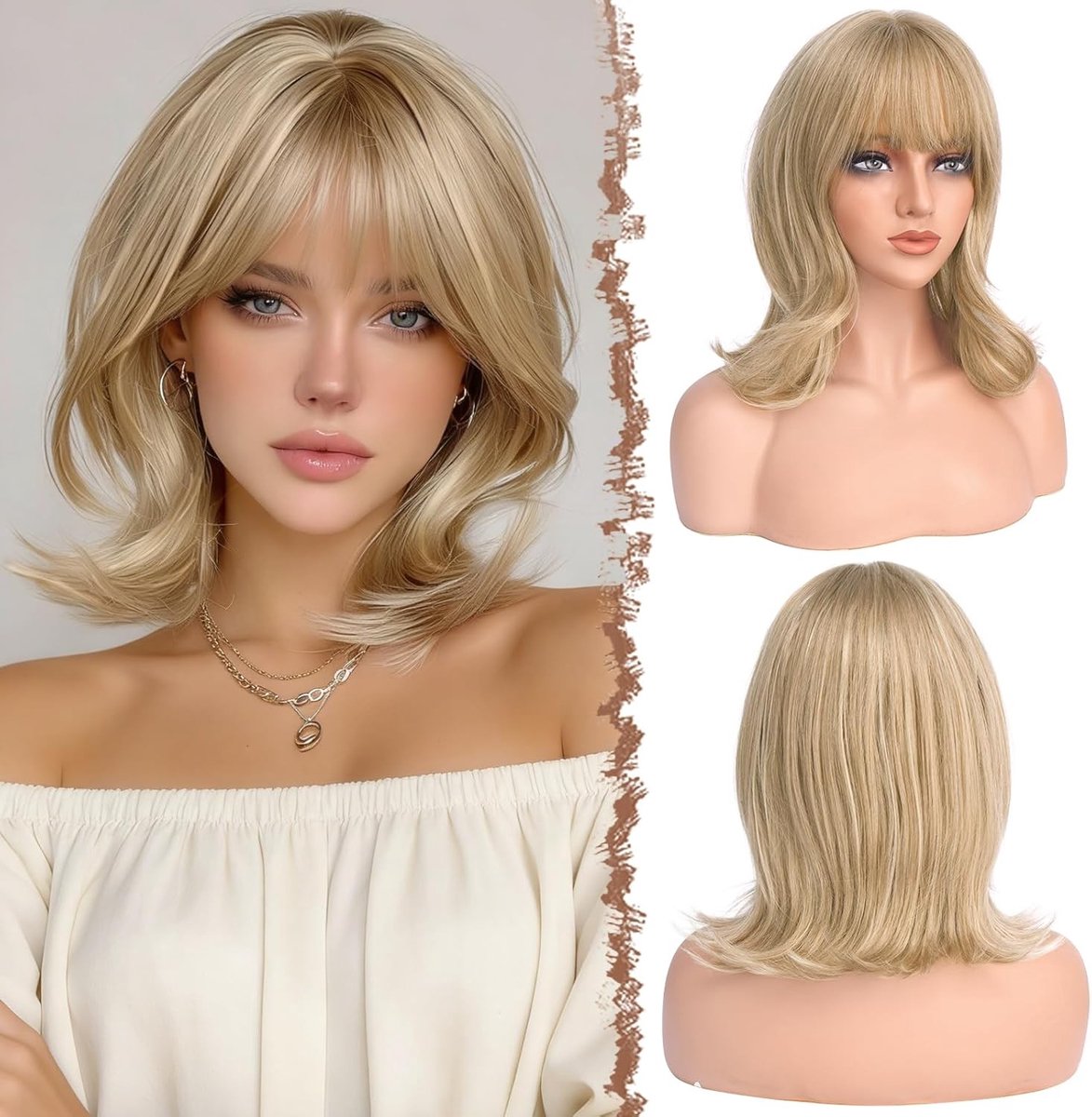Wavy Laagjes Haarperuk voor Vrouwen met Bangs - Natuurlijke Synthetische Peruk in Medium Dirty Blonde voor Dagelijks Gebruik en Cosplay, 35cm