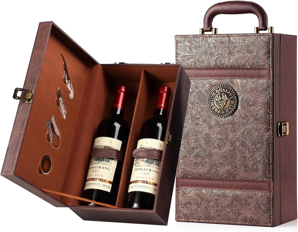 Elegante Wijn Cadeau Doos van PU Leer met 4 Accessoires, Sommelier Set voor Bruiloft, Verjaardag en Feestjes, 35 x 20 x 12 cm