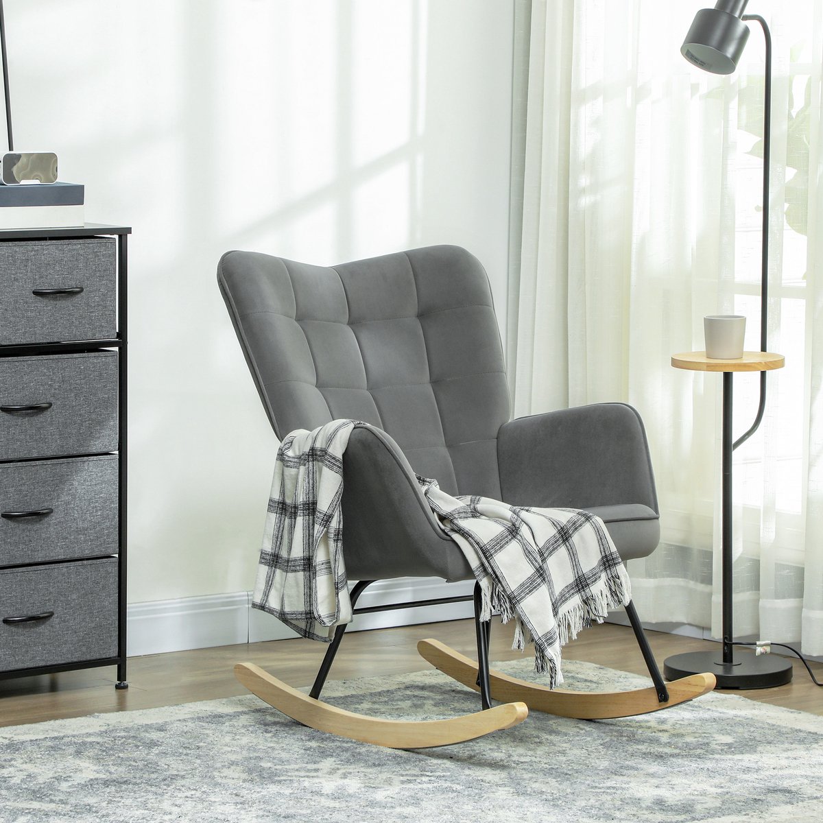 REDOM - Schommelstoel - Samtoptiek met hoge rugleuning en armleuningen - Houten glijders - Moderne stijl - Woonkamer en slaapkamer - Velvet - Donkergrijs - 98 x 71 x 101 cm