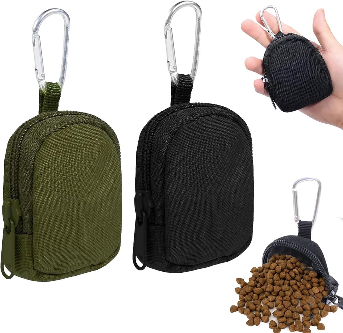 Honden Snacktassen Set van 4, Inclusief 2 Zwarte en 2 Olijfgroene Tassen met Ritssluiting en Carabiner, Ideaal voor Training en Wandelen