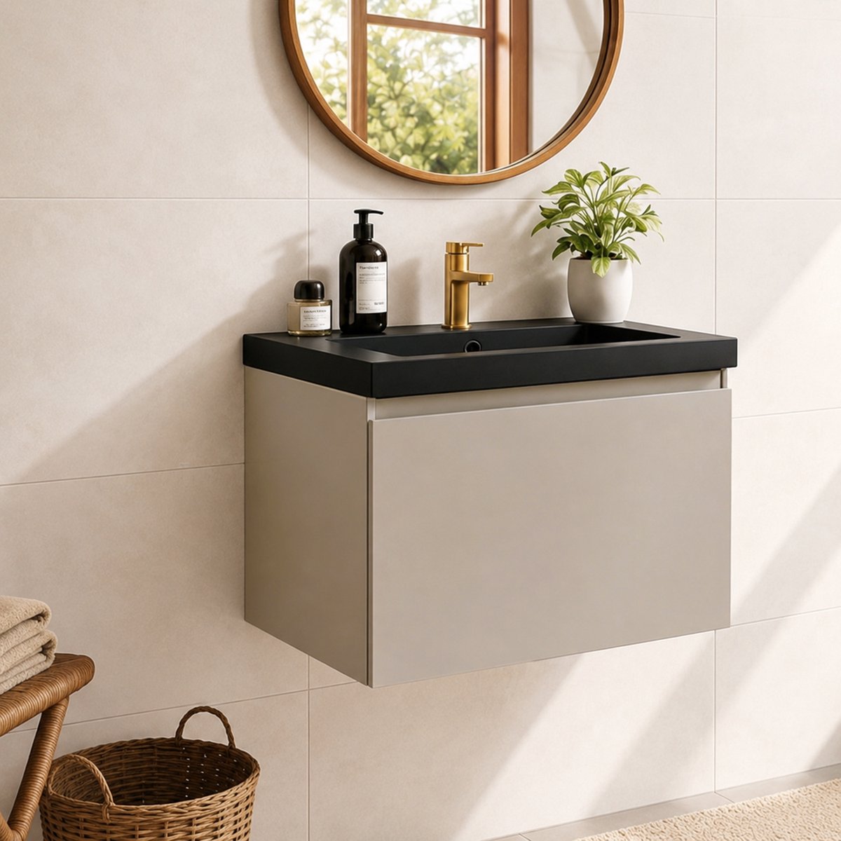 LOMAZOO Badkamermeubel Greige 60cm - Wastafel Zwart - Wastafelmeubel Beige Grijs - Wastafelkast Zwevend [MODENA]