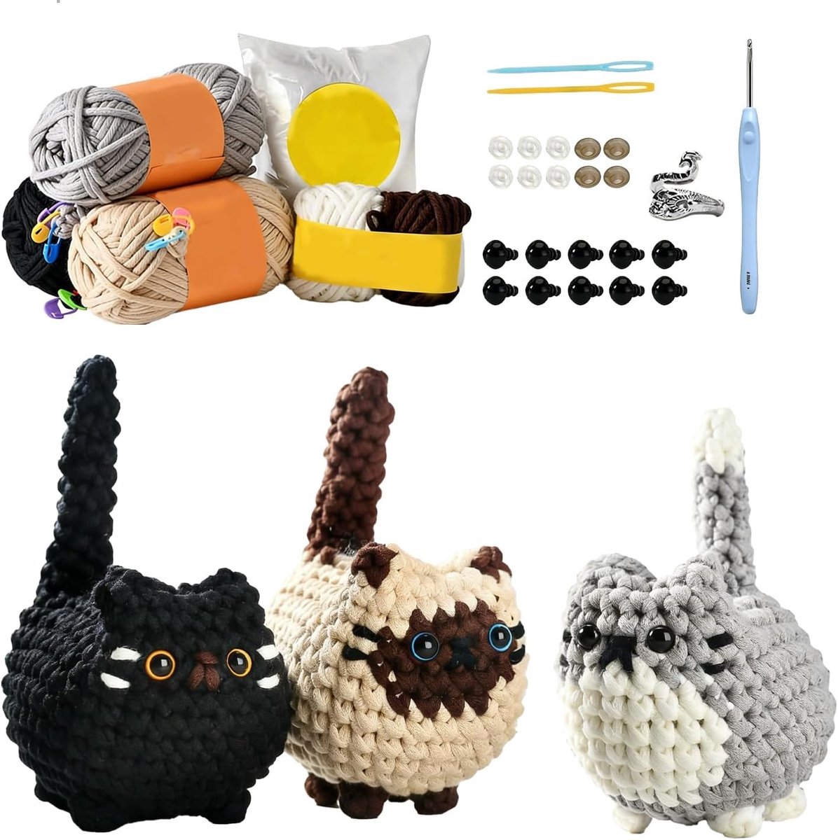 Complete Amigurumi Haakset voor Beginners met Video Tutorial - Maak Drie Schattige Katten, Creatief Cadeau en DIY Hobbyset