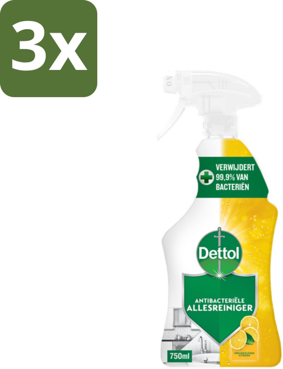 3 x Dettol Antibacteriële Allesreiniger Spray Sprankelende Citroen 750 ml - Allesreiniger - Citroen - Hygiëne - Vettigheid - Vuil