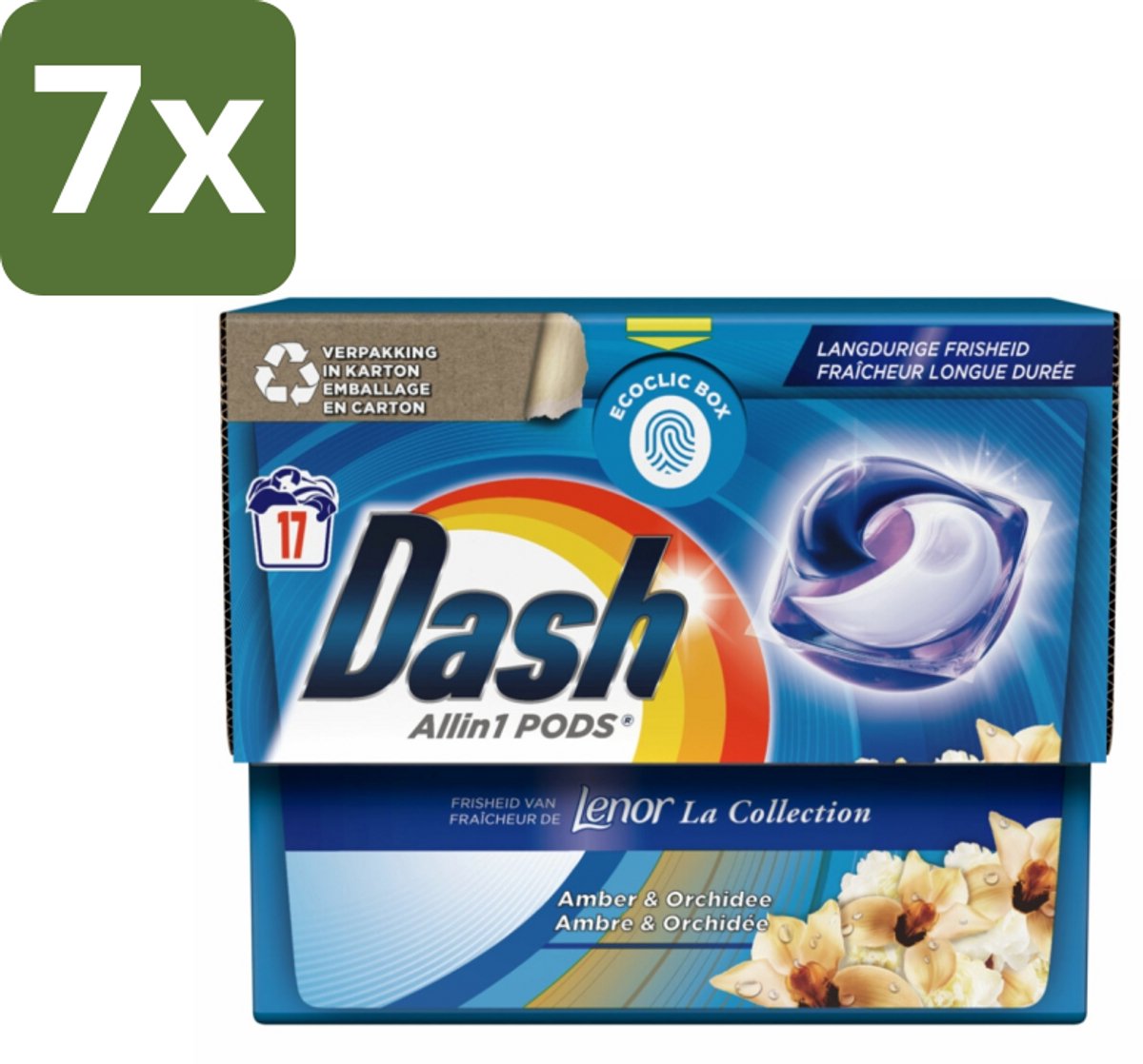 7 x Dash - Lenor Collectie - Wasmiddel Capsules - All-in-1 Pods - Witte en Gekleurde Was - Amber & Orchidee - 17 Wasbeurten - Wasmiddel Capsules - Wasbeurt - Vlekverwijdering - Geur - Wasmachine