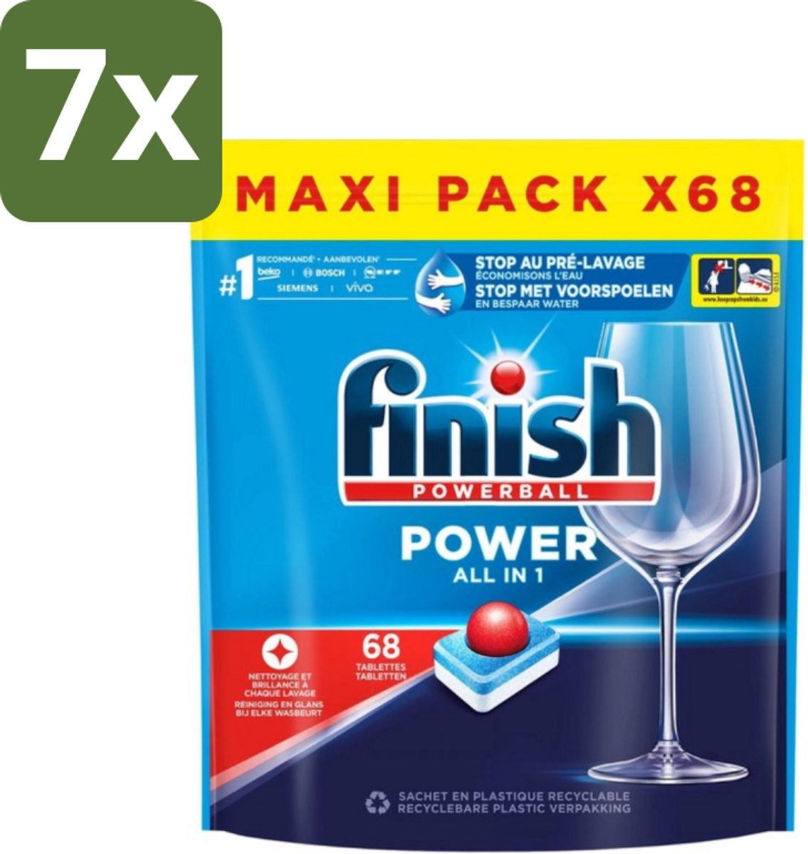 7 x Finish Powerball - Power All in 1 - Vaatwastabletten - Reiniging & Glans - 68 Tabletten - Vaatwastabletten - Vaatwasmiddel - Reiniging - Vaatwasser - Anti-kalk