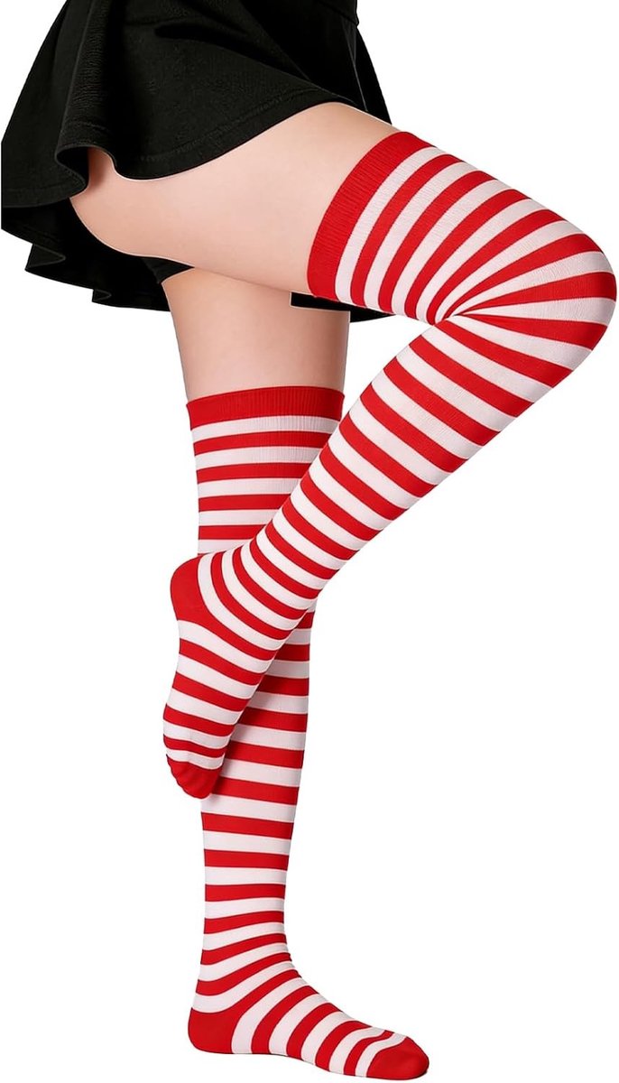 Gestreepte dameskousen voor kostuums en feestelijke gelegenheden zoals Halloween, carnaval en cosplay, rood/wit