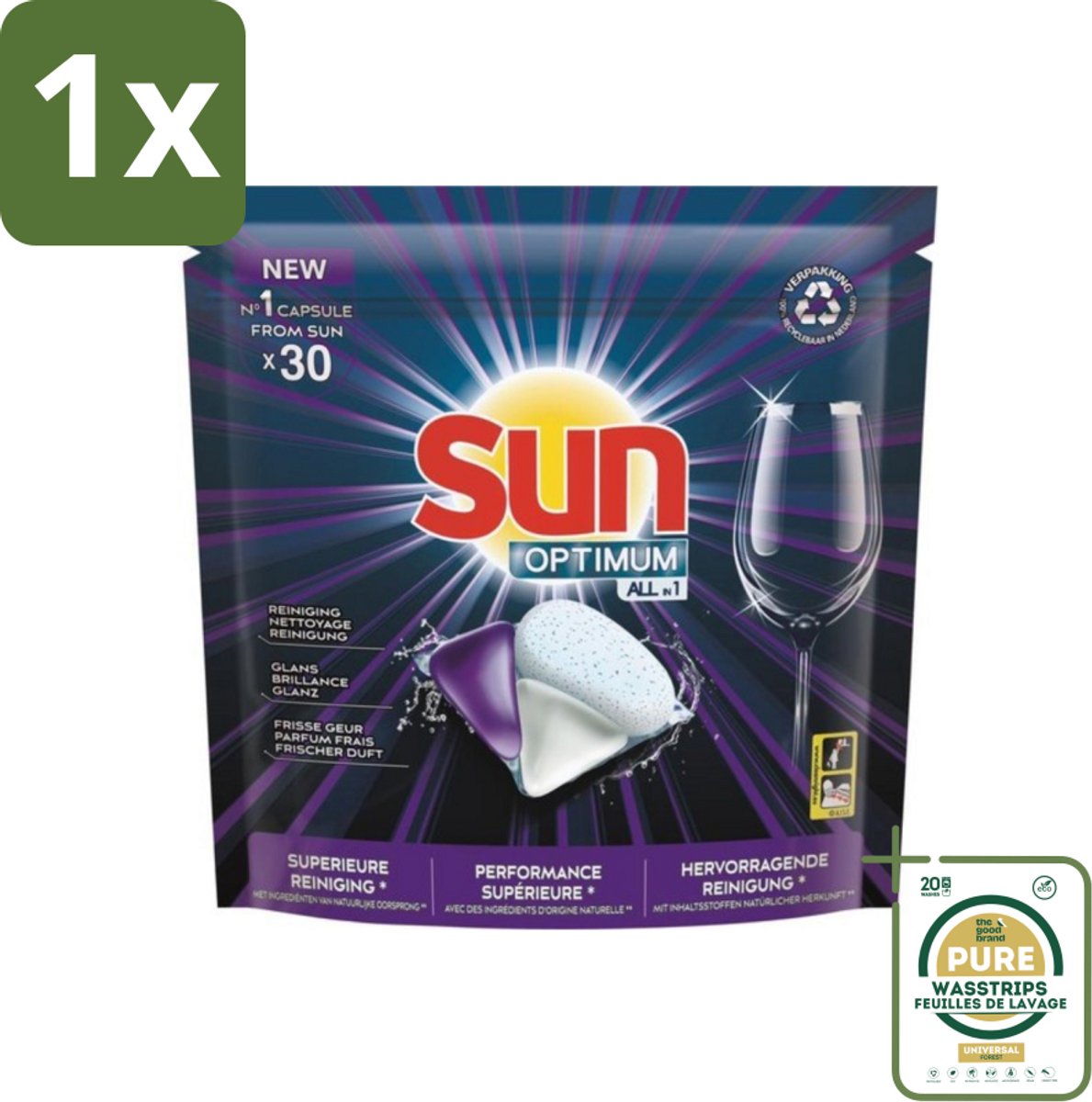 1 x Sun Optimum - All-in-1 - Vaatwasmiddel - Capsules - Maandbox - 30 Capsules- Vaatwasmiddel - Vaatwasmiddel Capsule - Vaatwasmiddel All-in-1 - Vaatwasmiddel Voor Vaatwasser - Vaatwasmiddel Met Spoelglans