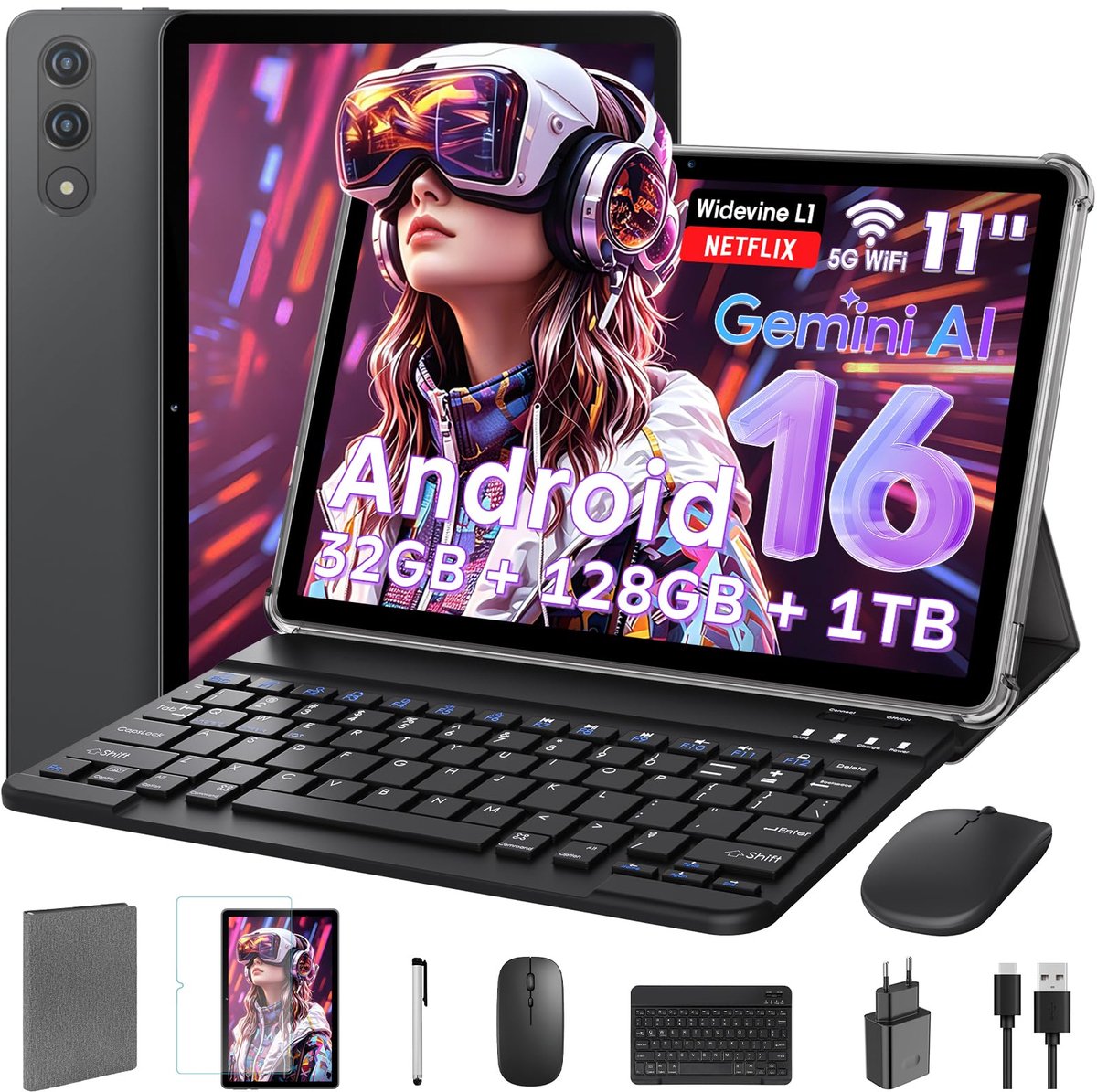 11 Inch Tablet met toetsenbord｜ Android 16 met Gemini AI｜ 32GB RAM + 128GB ROM (1TB TF)｜1920*1200 90Hz HD-scherm｜ - ShopVlot