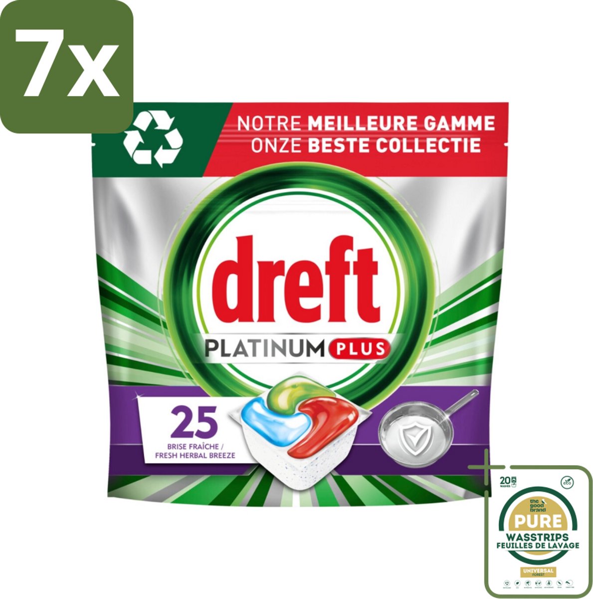 7 x Dreft Platinum Plus - Vaatwascapsules - Deep Clean Boosted - Fresh Herbal Breeze - 25 Afwasbeurten - Grootverpakking - Vaatwassen - Vaatwasmiddel - Vaatwascapsule - Glanzend Schone Vaat - Voedselresten Verwijderen