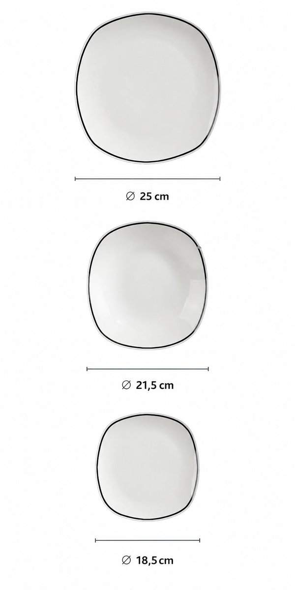 R&H® Bilgola Black Rim combiservies 36-delig porseleinen serviesset voor 6 personen, vaatwasmachinebestendig, wit met zwarte rand