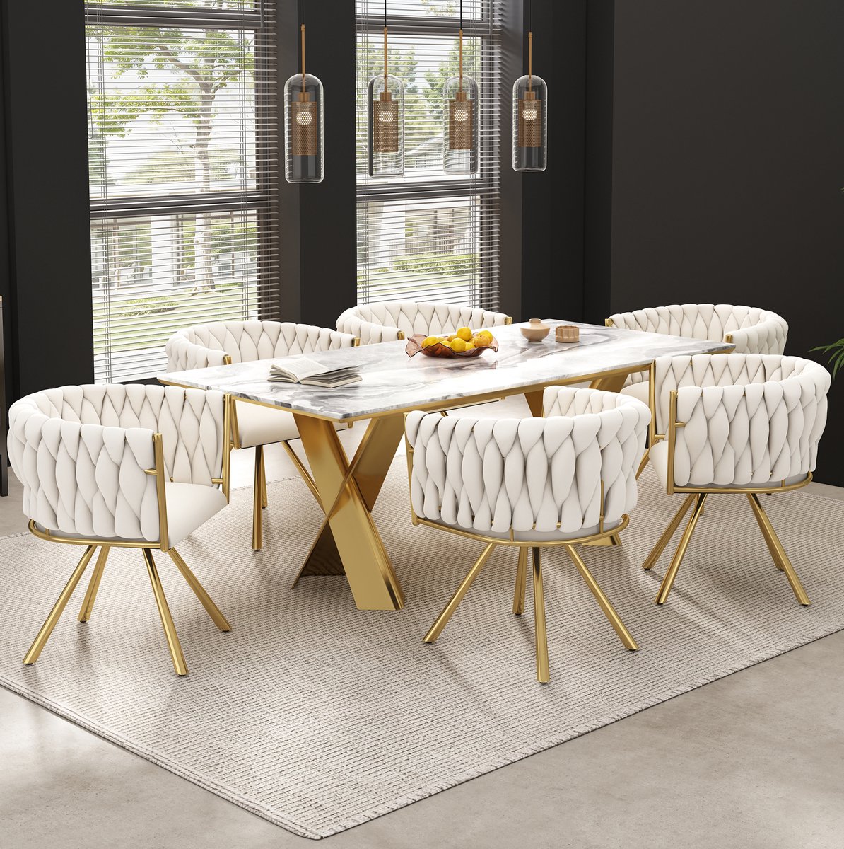MIVRAY Eetkamerstoel Set van 6 - Draaibare Kuipstoel Met Armleuningen En Gewatteerde Zitting - Voor Eetkamer En Woonkamer - Velours - Beige En Goud