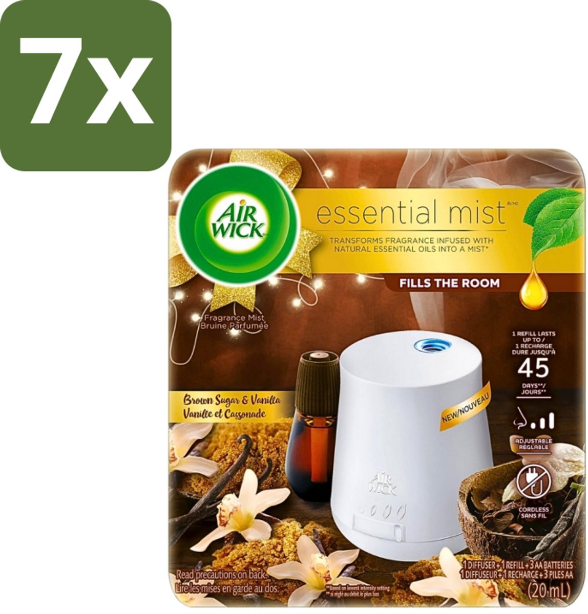 7 x Air Wick Essential Mist - Elektrische Geurverspreider - Starterkit - Vanille & Bruine Suiker - 20ml - Geurverspreider - Vanille - Bruine Suiker - Essentiële Oliën - Warme Geur