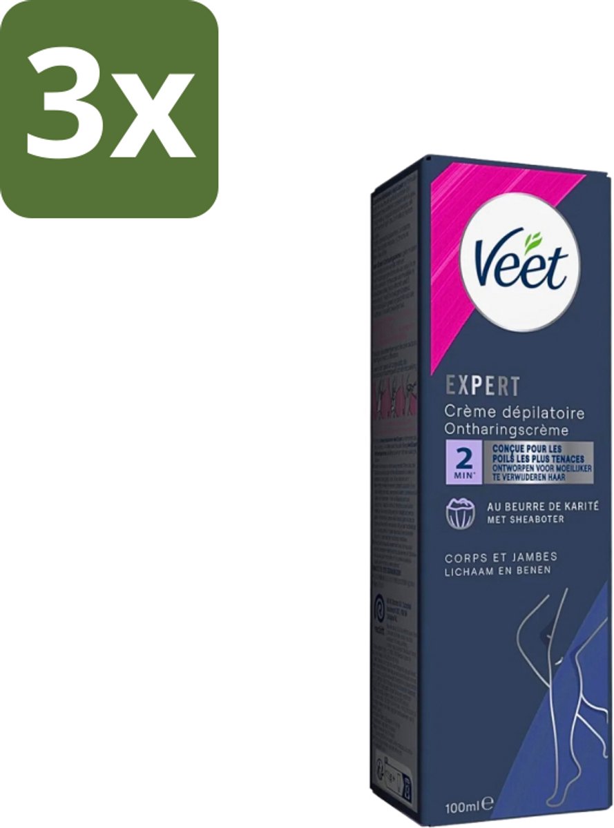 3 x Veet Expert - Ontharingscreme met sheaboter - Lichaam & benen - Alle huidtypes - 100ml - Ontharing Crème - Haar Verwijderen - Sheaboter Crème - Huid Hyderatatie - Ontharing Benen