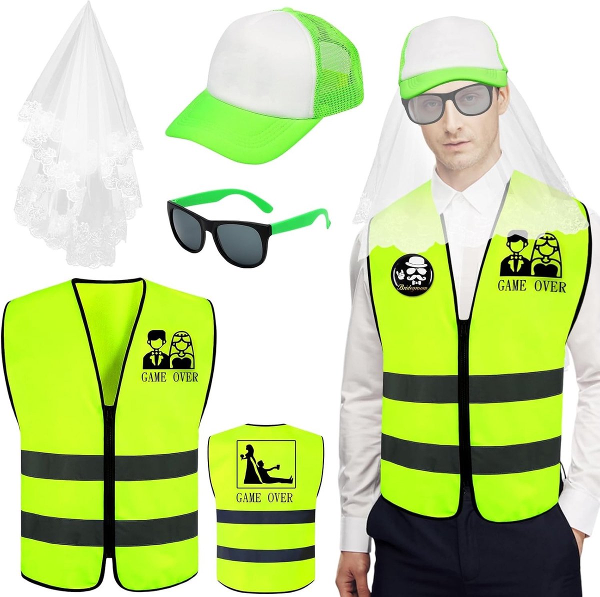 Mannen kostuumset voor vrijgezellenfeest met kroon, sluier, badge en accessoires voor een onvergetelijke dag