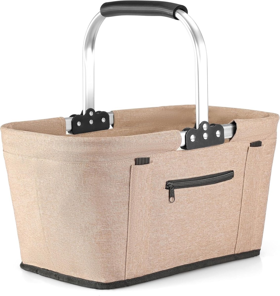 Vouwbare Winkelmand met 4 Steunbalken, Stevige Draagmand en Picknickmand, Grote Opvouwbare Mand voor Gezinnen, 46 x 27 x 25 cm, met Verstevigde Handvatten voor Boodschappen, Reizen en Kamperen