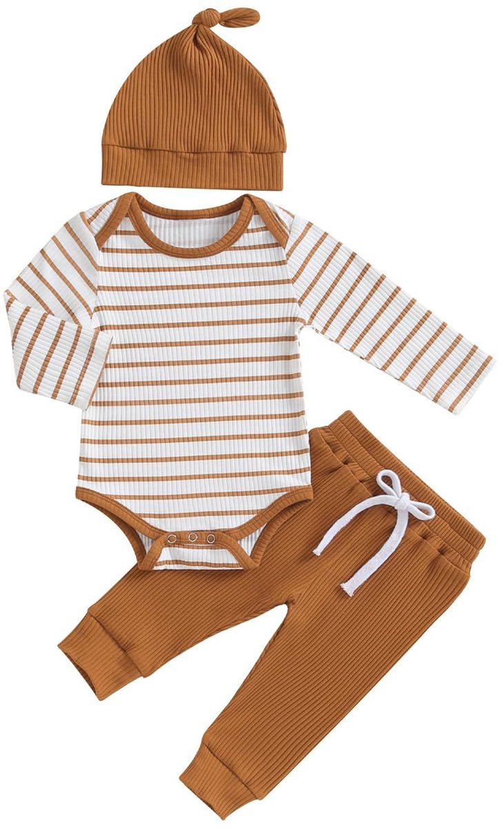 Elzusha - Baby Jongens Kleding Set, Gestreepte Romper + Broek + Hoed, 0-18 Maanden