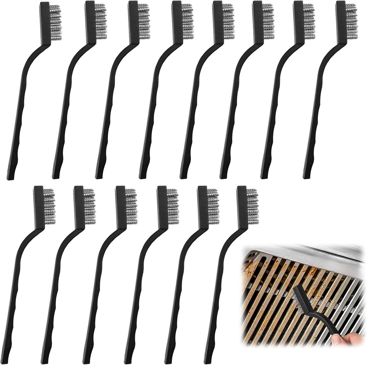Mini Metalen Draadborstels met Gebogen Handvat en Ophanggaatje - Set van 15 Stuks voor Schoonmaken, Schuren en Onderhoud