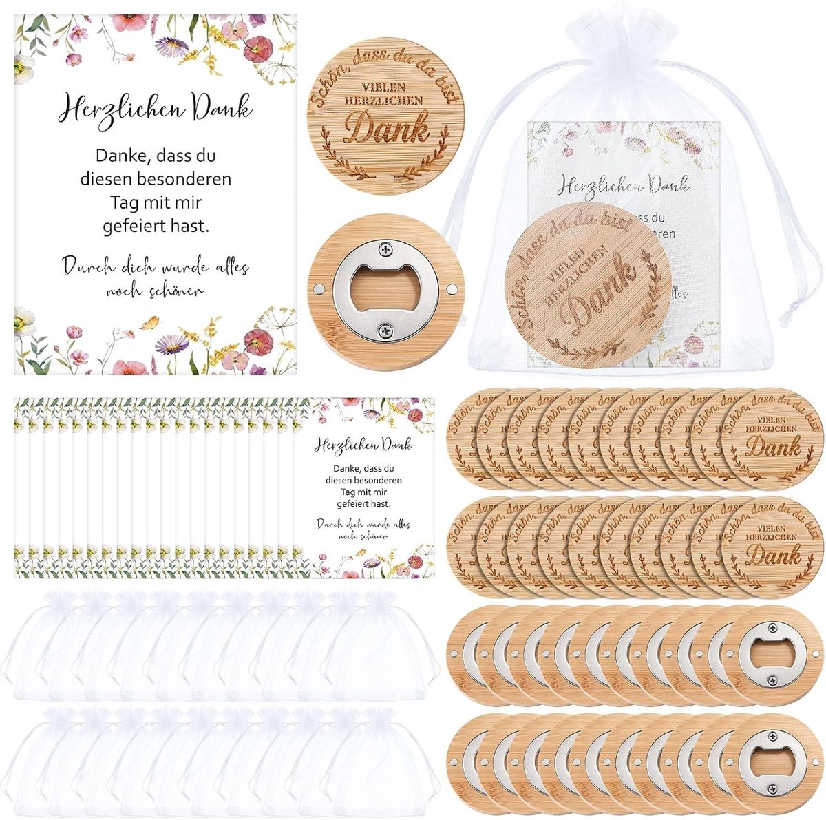 20 Sets Bedankcadeaus met Houten Flesopeners en Magnetische Zakjes voor Bruiloft en Doop Feestbedankjes met Persoonlijke Bedankkaartjes