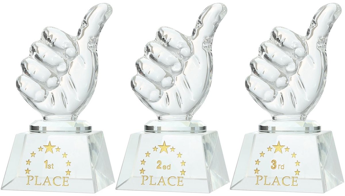 Solidchoice - Kristallen Trofee Thumbs Up - 3 Stuks in Elegant Doos voor Sportprijzen