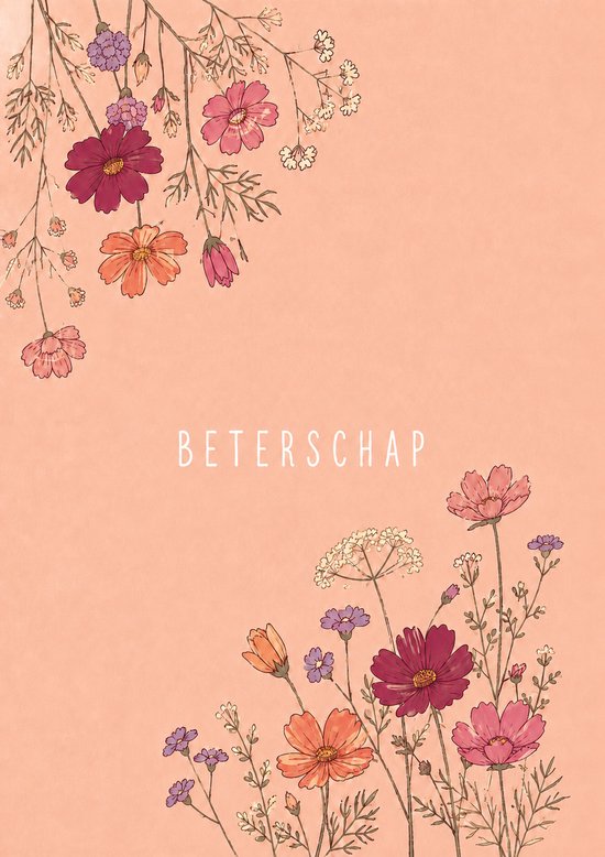 Beterschap kaart met bloemen in de kleuren roze, paars en oranje op een perzik-kleurige achtergrond.