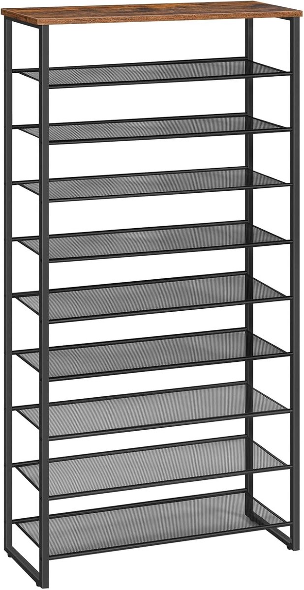 Schoenenrek met 10 niveaus voor 32-40 paar schoenen, smal en stijlvol, ideaal voor hal en woonkamer, vintage bruin-zwart