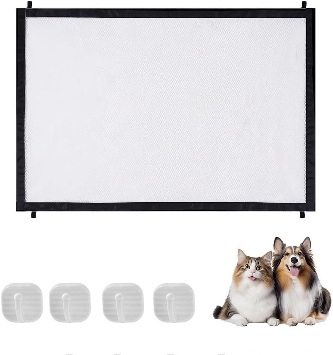 Veilige Honden- en Kinderenhekje voor Trappen, Drempels en Deuren, 110 x 72 cm, Eenvoudig te Installeren zonder Boren, Inclusief 4 Sterke Haakjes