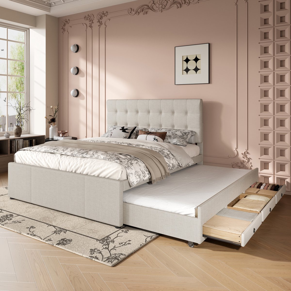 Gestoffeerd tweepersoonsbed 140x200 cm - Uitschuifbaar gastenbed en 3 opberglades - Beige - Verstelbaar hoofdeinde (105,5-117,5 cm) - Linnen bekleding - Stevig MDF-frame