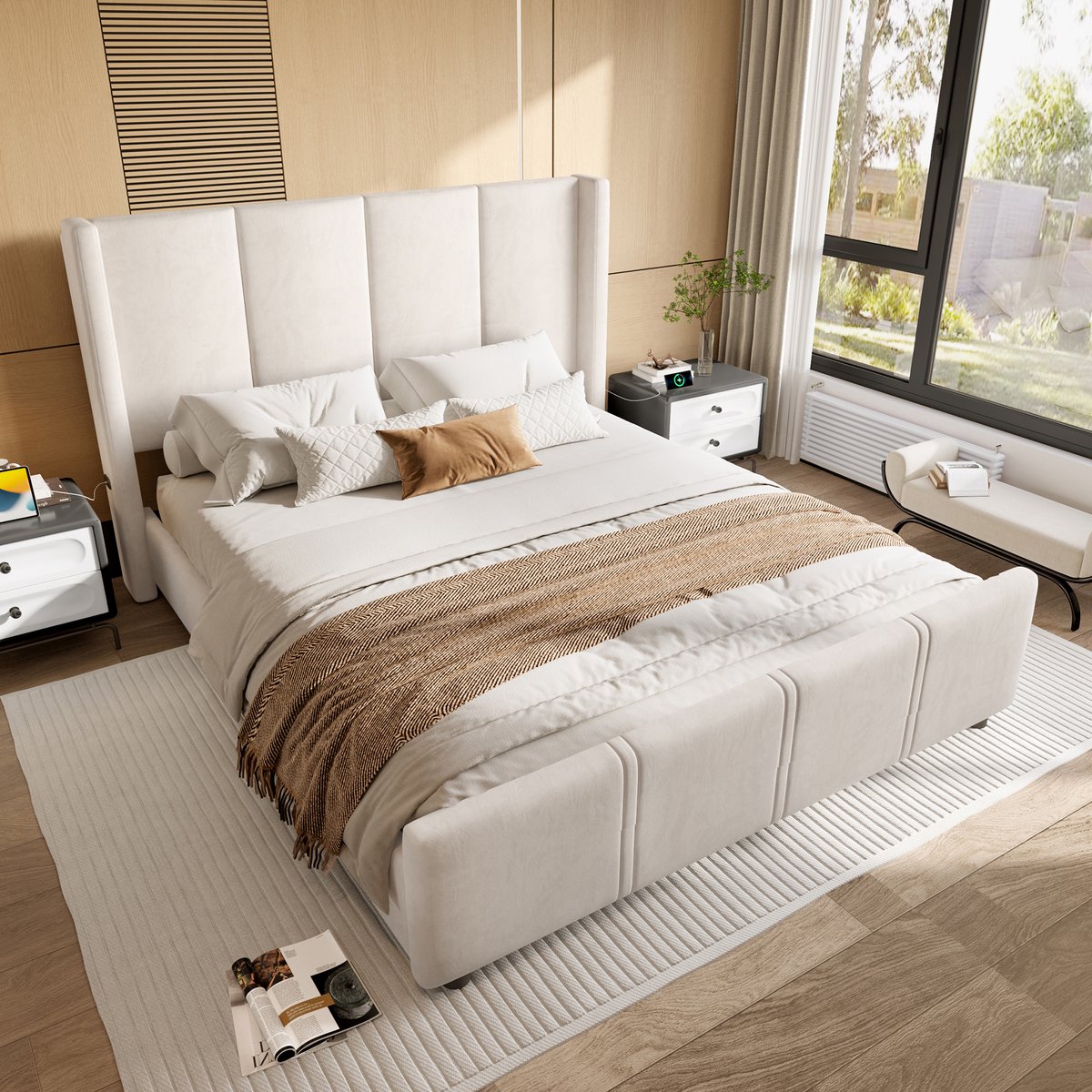 Stijlvol gestoffeerd bed - comfortabele nachtrust met hoog hoofdeinde en voeteneinde - 140 x 200 cm tweepersoons - Beige - USB/Type-C oplaadpoorten - Zacht kort fluweel - Stabiel frame van metaal en hout