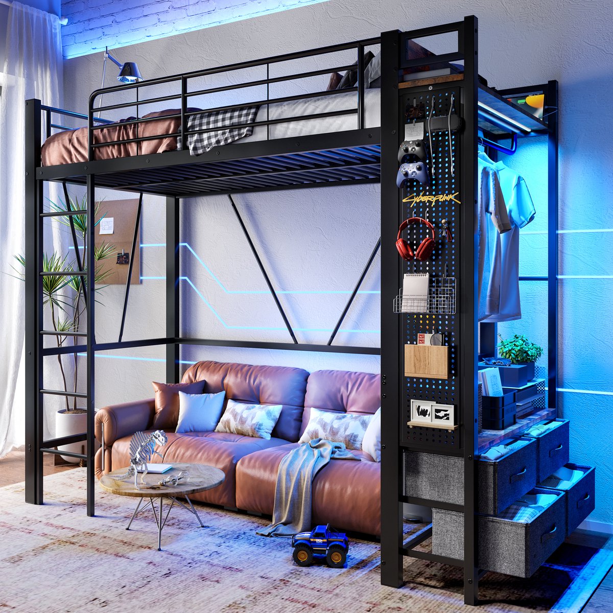 Multifunctioneel metalen hoogbed 90x200 cm - met droogstang en perforatiebord - Zwart - 4 lades en legplanken - USB/Type-C en LED-verlichting - met veiligheidsrek en ladder