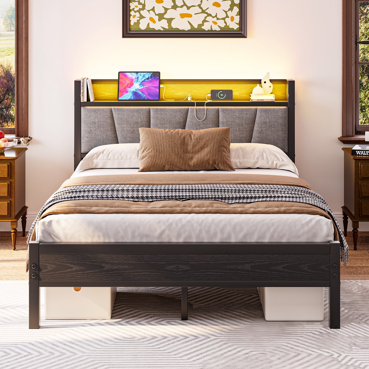 Metalen bedframe met LED-verlichting en USB-laadstation - 140x190 cm eenpersoons - Grijs - App-gestuurde sfeerverlichting - Opbergvak in hoofdbord - Geruisloos en antislip - Geen boxspring nodig