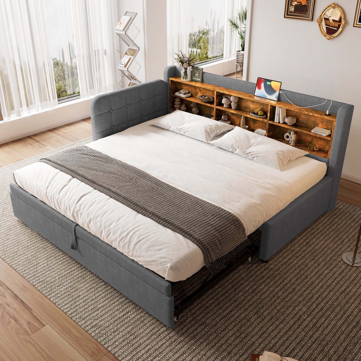 Multifunctioneel gestoffeerd dagbed met uitschuifbed - 90x200 cm naar 180x200 cm - Grijs linnen - USB/Type-C en opbergvakken - Inclusief lattenbodem - Knopenhoofdeinde
