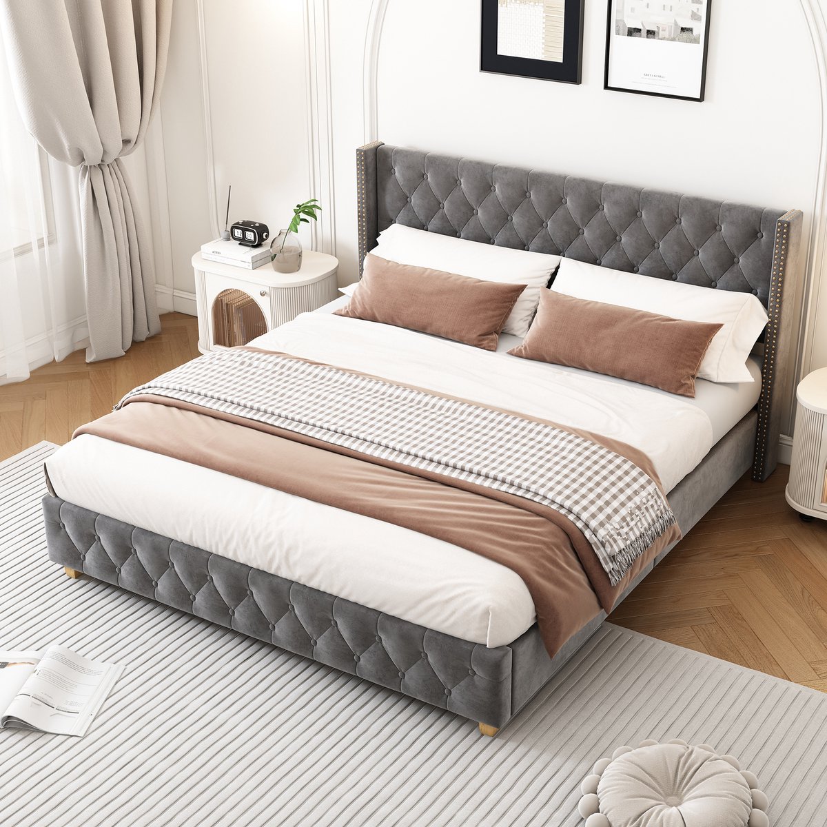 Gestoffeerd tweepersoonsbed 180x200 cm - Getuft hoofdeinde en voeteneinde met nagelkoprand - Grijs fluweel - Stevige houten poten - Inclusief 12-delige houten lattenbodem