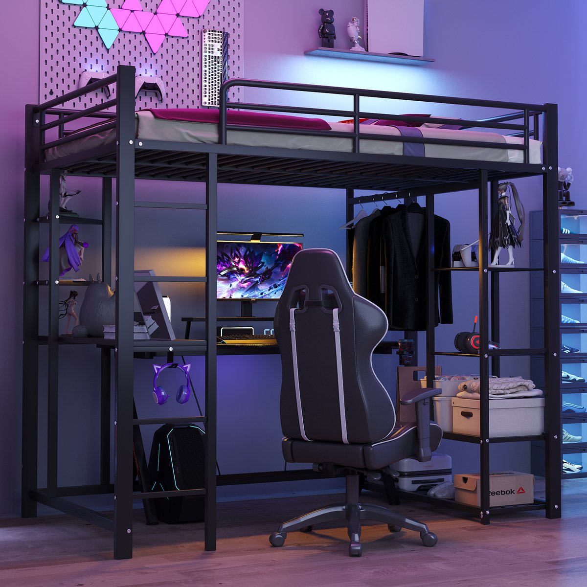 Metalen hoogslaper met bureau en kledingrek - 90x200 cm - Zwart - Geïntegreerde werkplek en opbergruimte - Stabiele metalen constructie