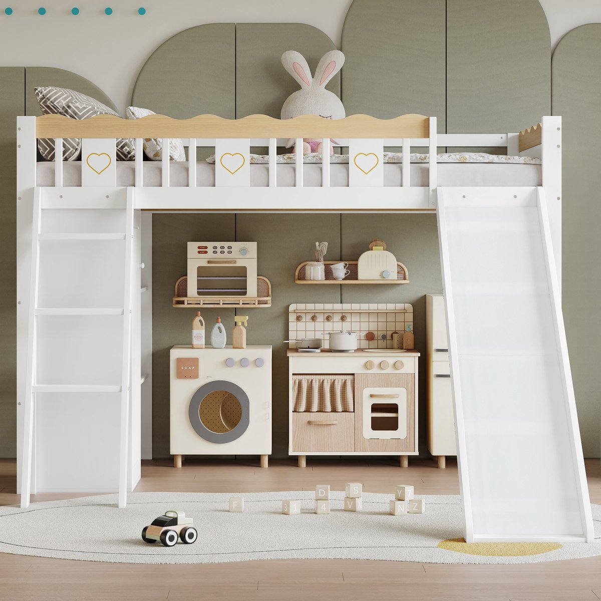 Hoogbed met glijbaan en kledingkast - Compleet kinderspeelhuis - 90x200 cm - Wit+Natuur - Kledingkast en opbergvakken onder het bed - Veiligheidsrek met patronen - Stabiele ladder