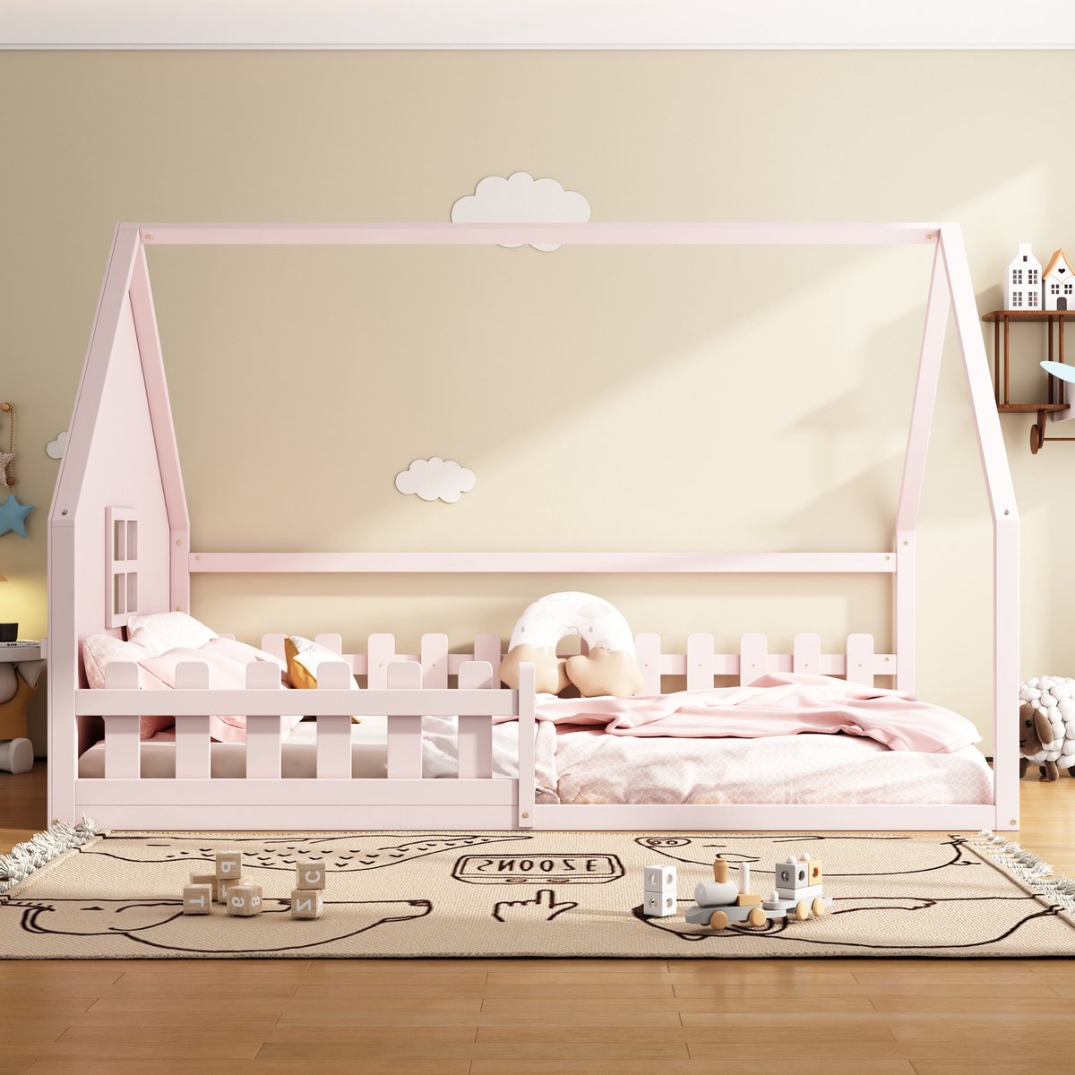 Houten kinderbed in huisvorm - Stimuleert fantasie en biedt veiligheid - 140x200 cm - Roze - Met stevig houten hekwerk - Vervaardigd uit massief grenenhout en MDF - Inclusief lattenbodem
