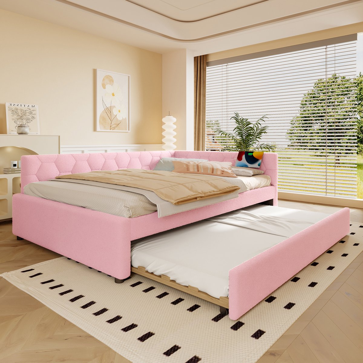 Dagbed 140x200 cm - slaapbank met uitschuifbed en nachtlampje - roze vliesimitat - USB en Type-C oplaadpoorten - geometrisch design - lattenbodem inbegrepen