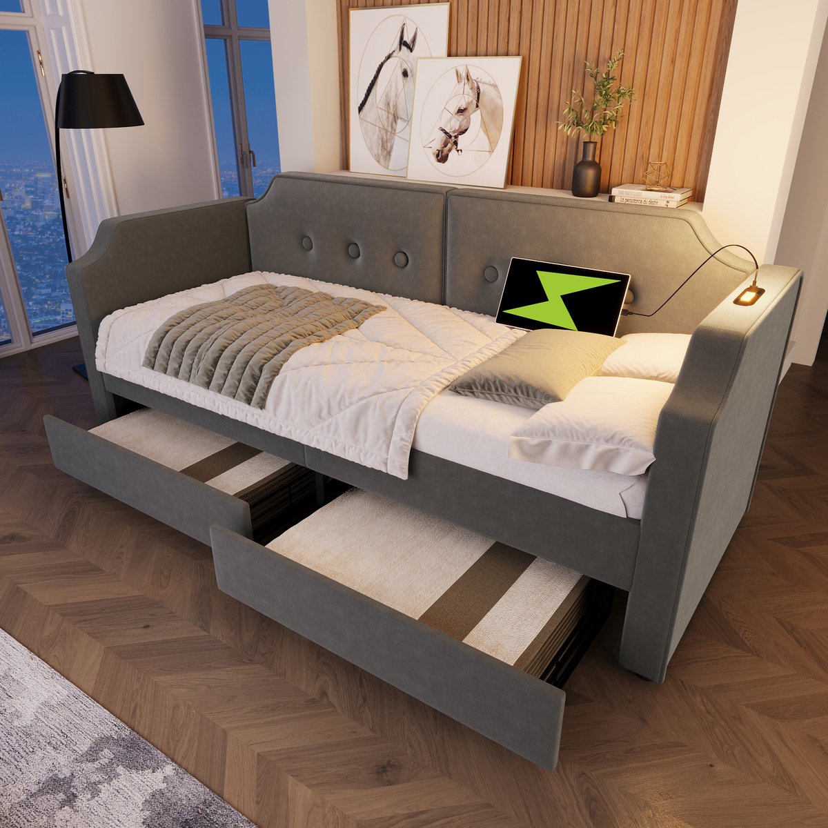 Gestoffeerd dagbed met USB-C leeslamp, 2 lades en knopen rugleuning - 90x200 cm (1 persoon) - Grijs fluweel - Geschikt voor kind, tiener en gast - Inclusief houten lattenbodem