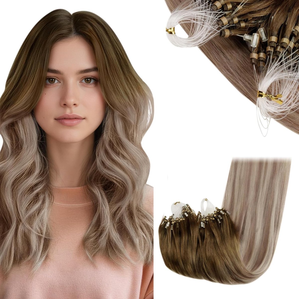 Microring Haarextensions van Menselijk Haar in Balayage Bruin Ombre Blond - 50 Strengen, 50g, 55cm Lang Haar voor Volumineuze Looks