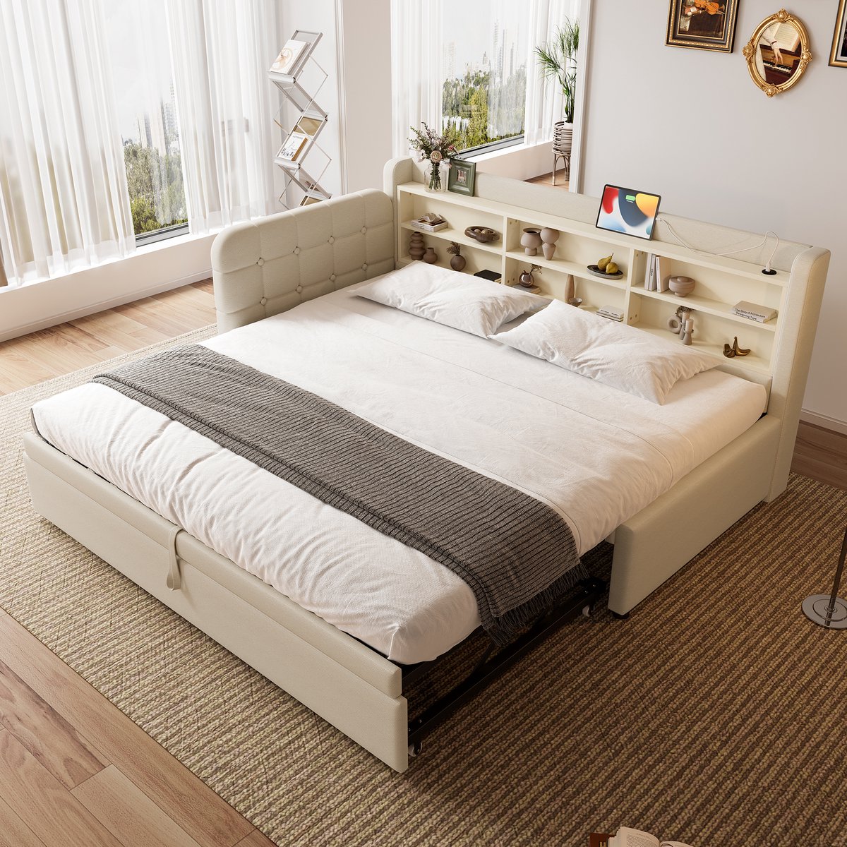 Dagbed met uitschuifbed en USB-C - van 90x200 naar 180x200 cm - beige - linnen bekleding met Chesterfield knopen - opbergvakken aan hoofdeinde - stevig MDF-frame