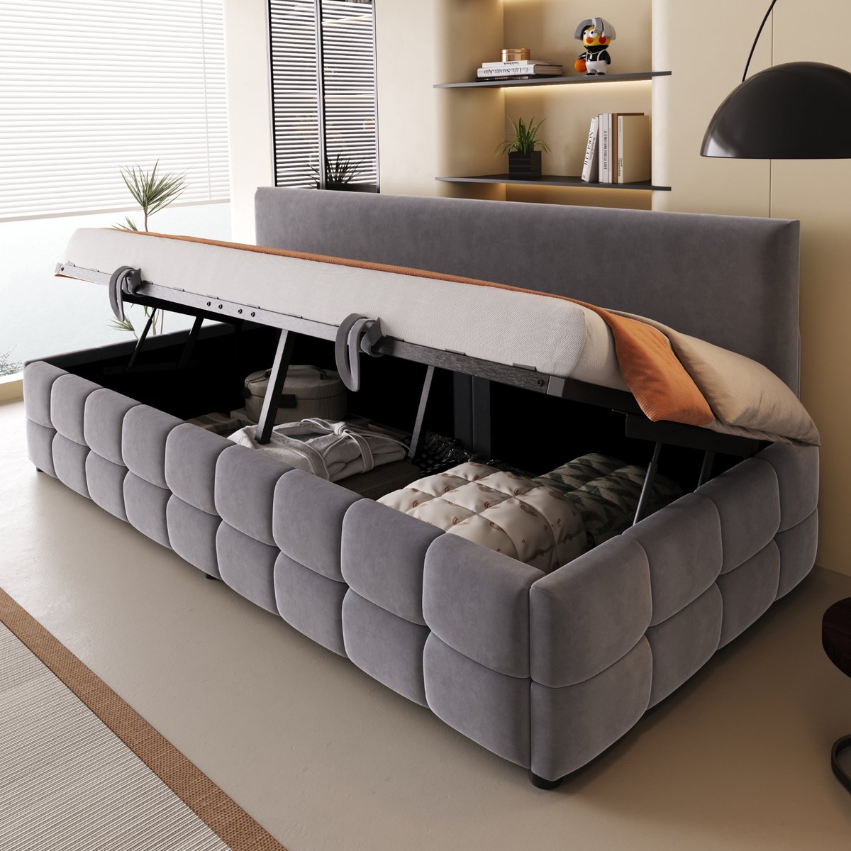 Gestoffeerde slaapbank 90x200 cm - praktisch voor compacte ruimtes - eenpersoons - donkergrijs fluweel - hydraulische opbergruimte - rugleuning zonder armleuningen - klassiek ruitpatroon