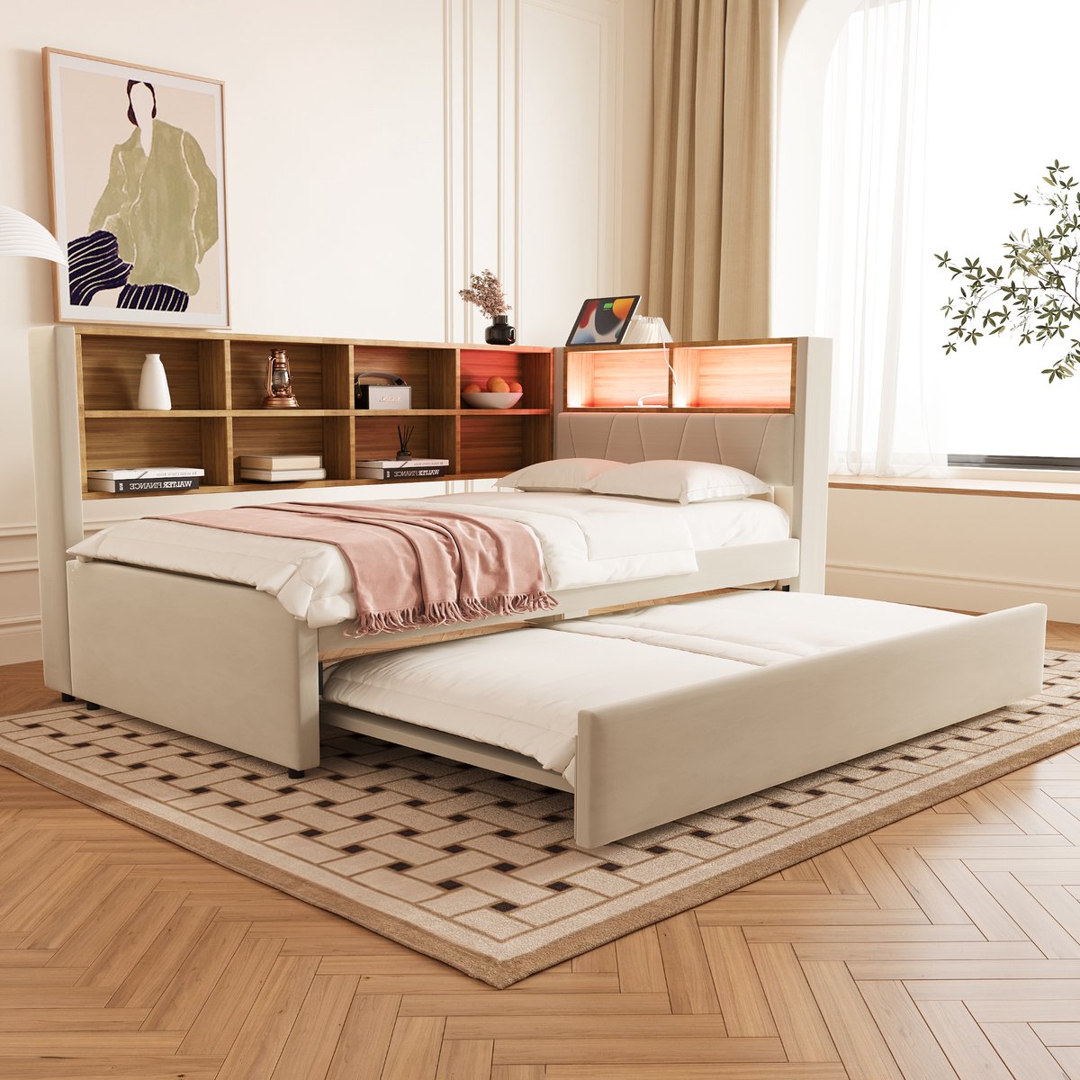 Multifunctionele slaapbank met uitschuifbed en opbergruimte - 2-in-1 voor compacte kamers en logés - 90x200 cm + 90x190 cm - Beige - LED-verlichting, USB-C en stopcontacten - Zachte flanellen bekleding