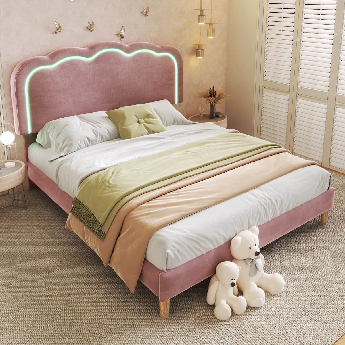 Gestoffeerd tweepersoonsbed 140x200 cm - Verstelbaar LED-hoofdeinde in bolvorm - Roze fluweel - In hoogte verstelbaar (104-109 cm) - Inclusief stevige houten lattenbodem
